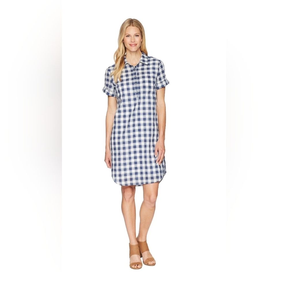 Tribal Gingham Shirtdress with Pocket and Roll Up Sleeve Women's Dress Deep Sky